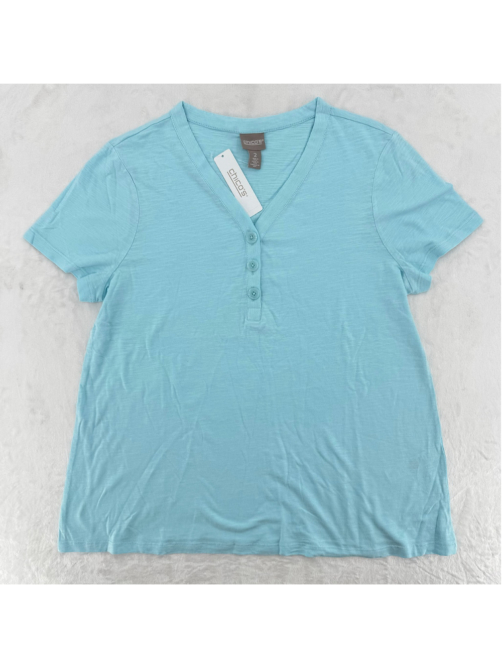 Chico's Aqua Teal Blue Henley Tee Short Sleeve Cotton Casual Size 2/Large